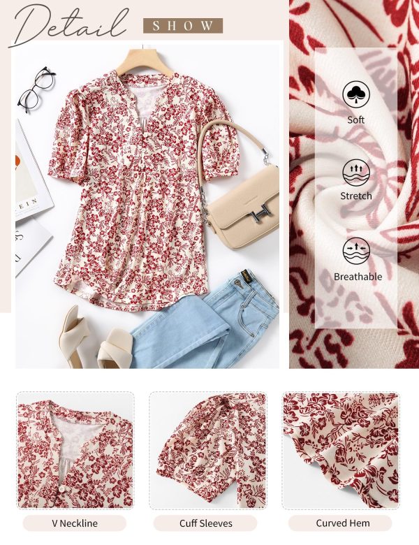 Womens Tops Puff Short Sleeve Shirts Dressy Casual Henley V-Neck Summer Tops Pleated T-Shirts Loose Fit Tunic Blouses