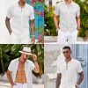 Mens Knit Button Down Shirts Casual Textured Polo Shirt Short Sleeve Vintage Summer Beach Tops