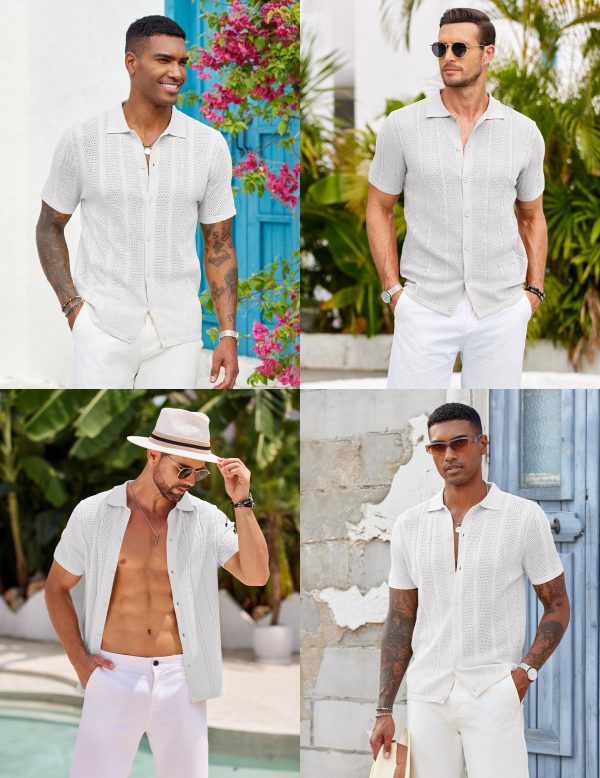 Mens Knit Button Down Shirts Casual Textured Polo Shirt Short Sleeve Vintage Summer Beach Tops