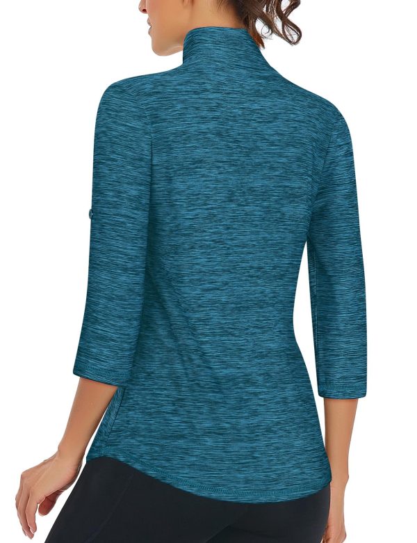 Womens 3/4 Roll Sleeve 1/4 Zip Pullover Golf Shirts Athletic Hiking Running Workout Tops UPF 50+