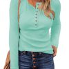 Women's Waffle Knit Tops Casual Long Sleeve Blouses Slim Fit Button Down V Neck Henley Shirt
