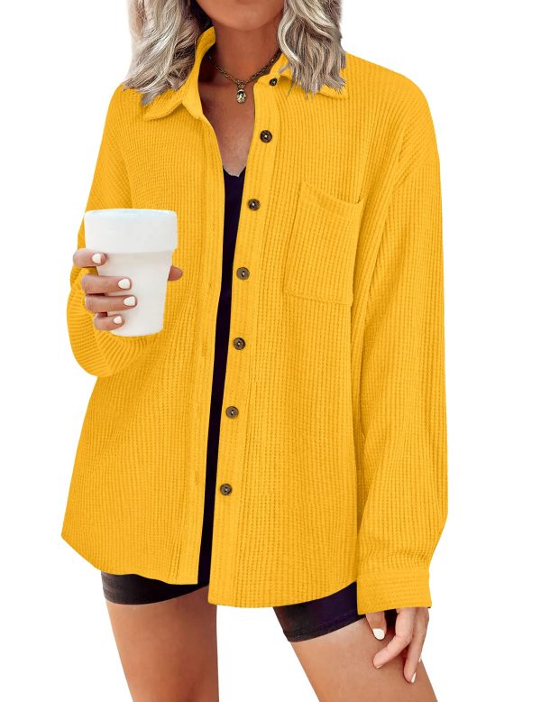 Waffle Knit Button Down Shirts for Women Dressy Casual Work Tops Long Sleeve Loose Fit Shacket with Pocket