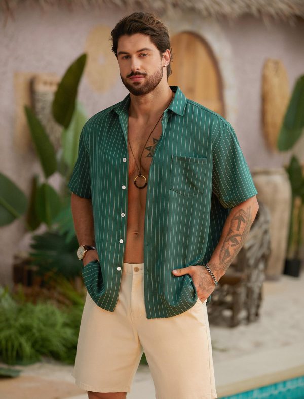 Men's Casual Striped Shirts Button Down Short Sleeve Blouse Summer Hawaiian Shirt