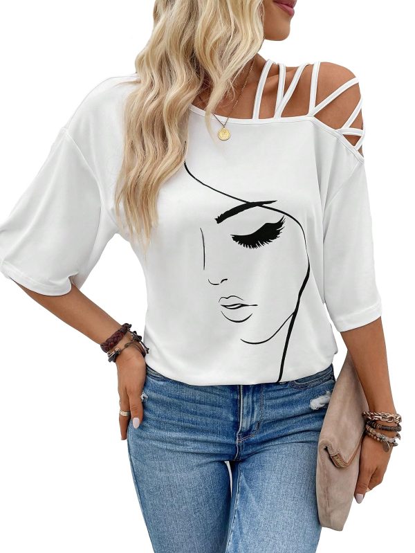 Women's Figure Graphic Tees Criss Cross Cut Out Half Sleeve T Shirt Summer Tops