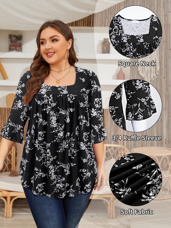 Womens Plus Size Tops Loose Fit 3/4 Ruffle Sleeve Blouses Square Neck T Shirt Casual Tunic Tops(1X-5X)