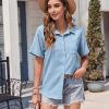Womens Short Sleeve Button Down Shirt Casual Loose Fit Blouses Chest Pocket V Neck Collared Summer Tops