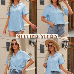 Button Down Shirt Women Cotton Short Sleeve Blouses V Neck Collared Button Up Summer Beach Tops