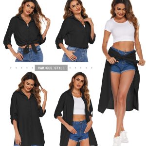 Women Boyfriend Shirts Button Down Long Sleeve Blouse Cuffed Sleeve Collared Shirt