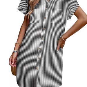 Women's Summer Dress 2025 Cotton Button Down Short Sleeve Tshirt Dresses Casual Flowy V Neck Loose Mini Beach Dress