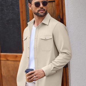 Men's Casual Shirt Jacket Linen Button Down Shirt Long Sleeve Lightweight Shacket with Pockets