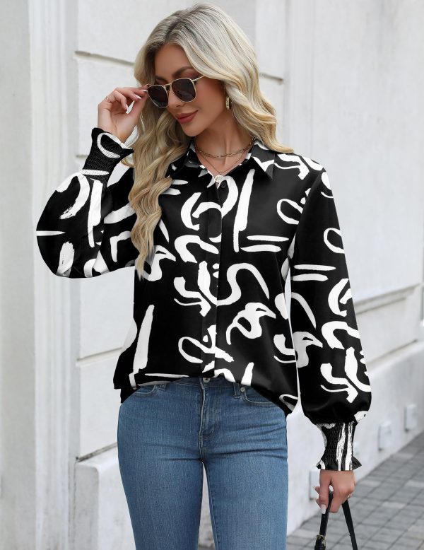 Womens Button Down Shirts Smocked Cuffed Blouses Printed Lantern Shirt Long Sleeve Tops Casual Collar Business Fashion