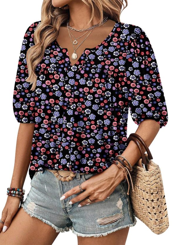 Womens Puff Half Sleeve Summer Tunic Tops Casual Chest Pleated Shirts Work Blouse for Women Dressy