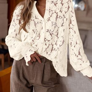 Women's Dressy Casual Lace Blouse Long Sleeve Button Up Shirts Tops Spring Fall Fashion Clothes