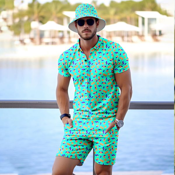Mens 2 Piece Tracksuit Hawaiian Shirt for Men Button Down Shirts Shorts Rave Outfits with Bucket Hats
