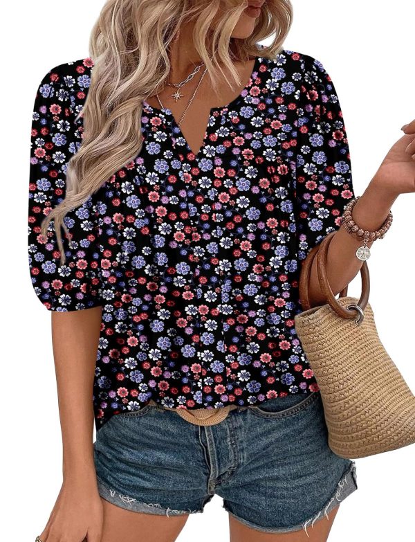 Womens Puff Half Sleeve Summer Tunic Tops Casual Chest Pleated Shirts Work Blouse for Women Dressy