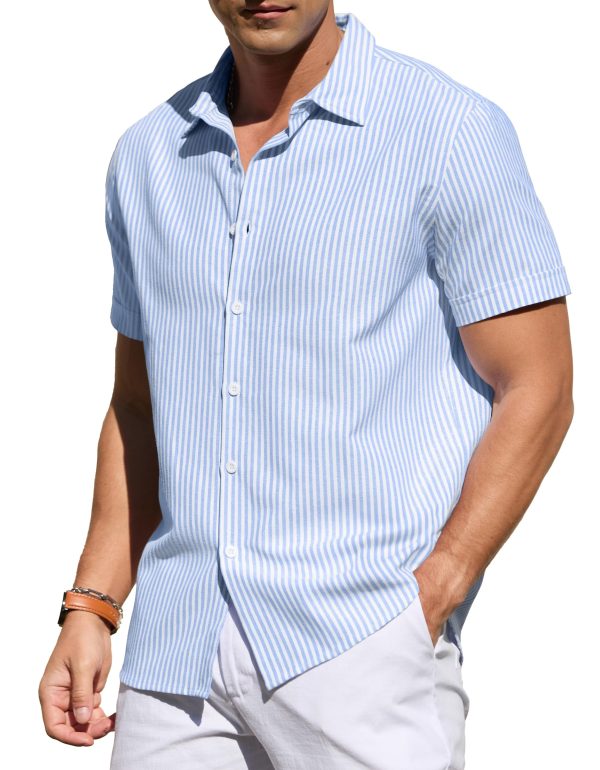 Men's Casual Button Down Shirts Short Sleeve Striped Cotton Beach Summer Vacation Shirt