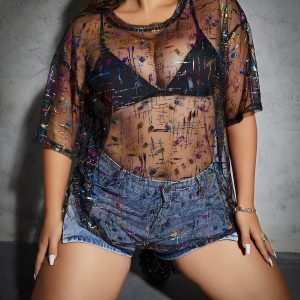 Women's Plus Size Clothes Concert Outfits Summer Sequin Tops See Through Mesh Short Sleeve Shirts