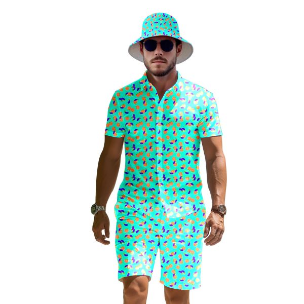 Mens 2 Piece Tracksuit Hawaiian Shirt for Men Button Down Shirts Shorts Rave Outfits with Bucket Hats