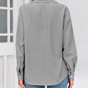 Womens Button Down Shirts Striped Long Sleeve Casual Collared Office Business Work Spring Blouses Tops