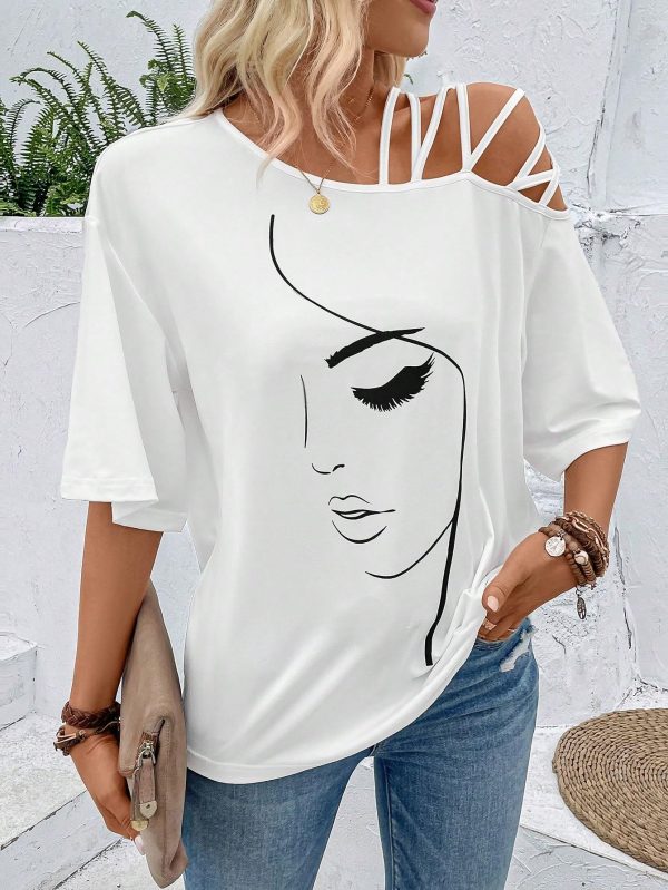 Women's Figure Graphic Tees Criss Cross Cut Out Half Sleeve T Shirt Summer Tops