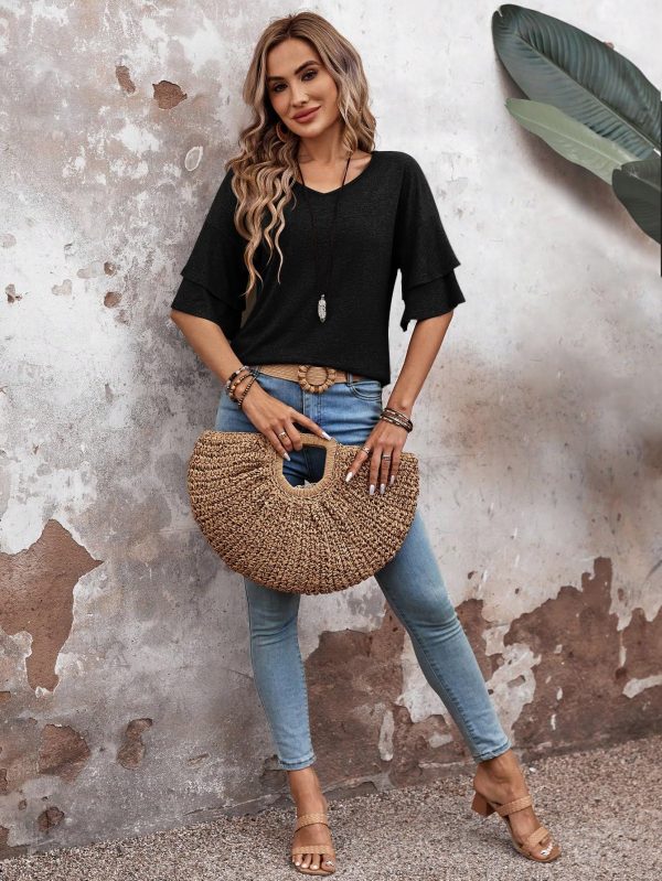 Womens Blouses Ruffle Short Sleeve T Shirts V Neck Double Tiered Bell Sleeve Top Spring Summer Fashion Clothes Cute Tunic