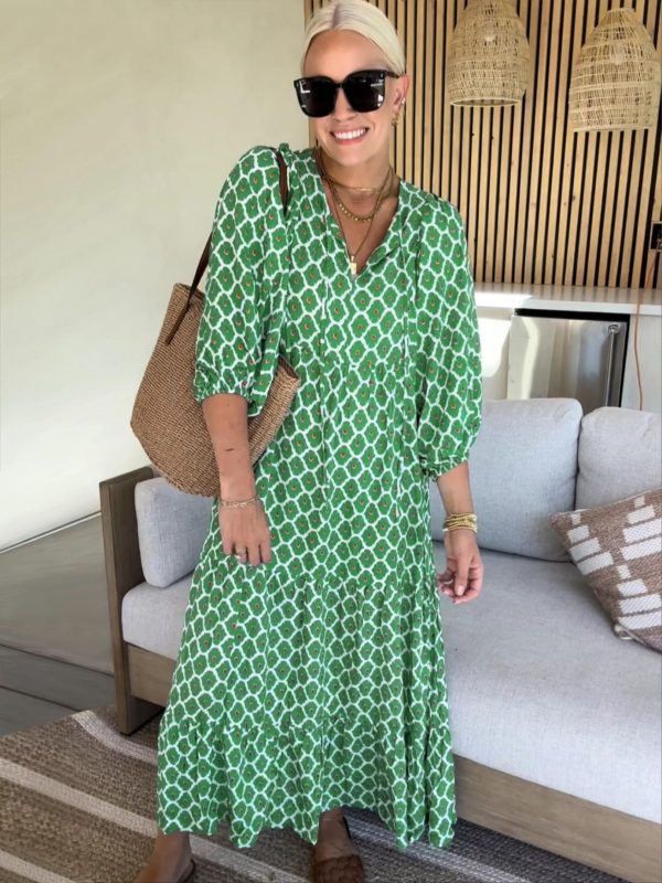 Womens Loose Fit Casual Summer V Neck Half Sleeve Bohemian Geometric Pattern Maxi Long Dresses