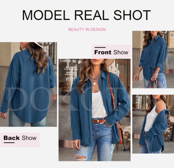 Womens Corduroy Button Down Shirts Boyfriend Long Sleeve Oversized Blouses Tops