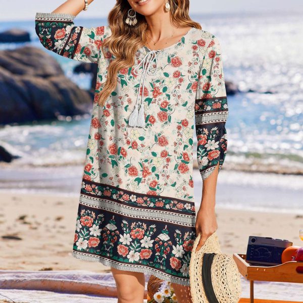 QIGUAND Vintage Boho Casual T-Shirt Dress Women Summer Drawstring V Neck 3/4 Sleeve Beach Dresses Ethnic Style Tunic Dress