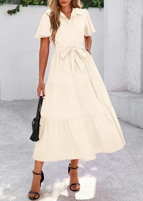 Summer Button Down Wedding Guest Shirt Dresses for Women Maxi Flutter Short Sleeve Flowy Tiered Beach Sun Dress