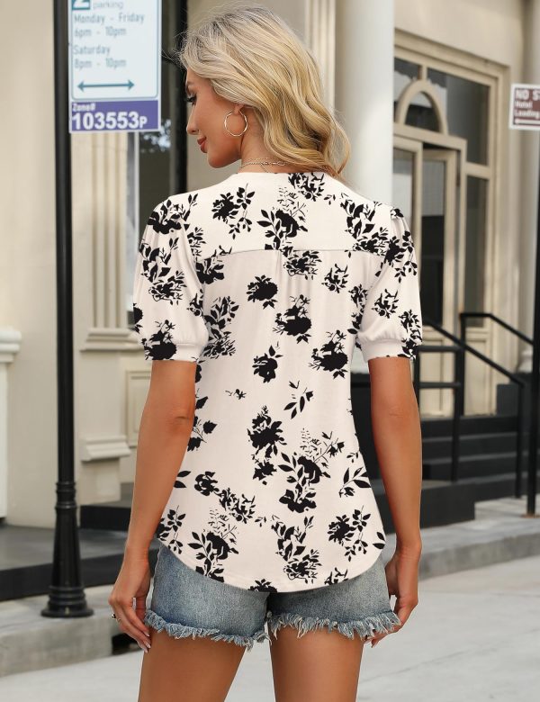 Womens Tops Puff Short Sleeve Shirts Dressy Casual Henley V-Neck Summer Tops Pleated T-Shirts Loose Fit Tunic Blouses
