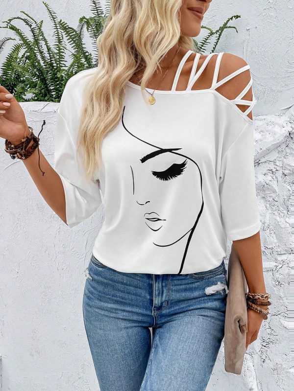 Women's Figure Graphic Tees Criss Cross Cut Out Half Sleeve T Shirt Summer Tops