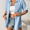 Womens Short Sleeve Button Down Shirt Casual Loose Fit Blouses Chest Pocket V Neck Collared Summer Tops