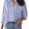 Womens Button Down Shirts Striped Classic Long Sleeve Collared Office Work Blouses Tops with Pocket