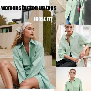 Womens Button Down Shirt Basic Work Office Drop Shoulder Blouse Casual Loose Long Sleeve Tops with Pocket