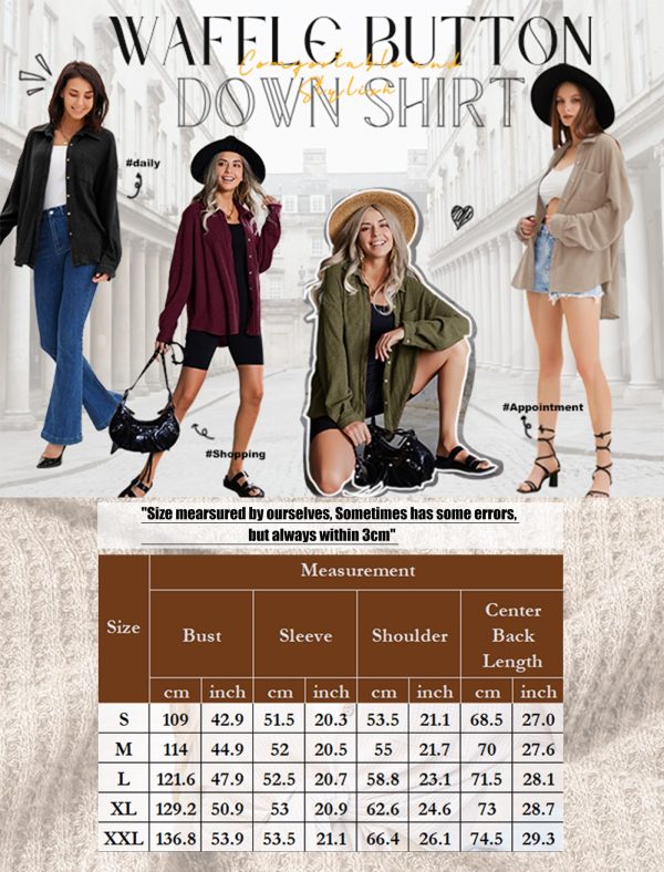 Waffle Knit Button Down Shirts for Women Dressy Casual Work Tops Long Sleeve Loose Fit Shacket with Pocket