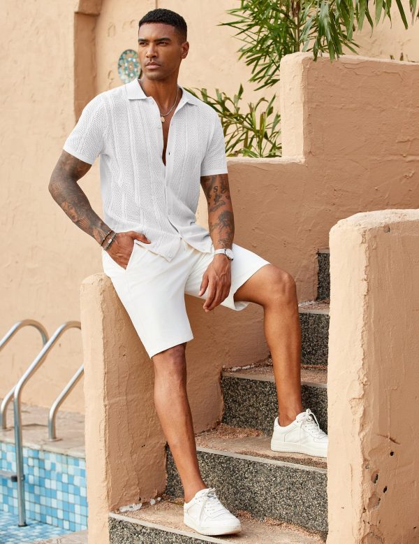 Mens Knit Button Down Shirts Casual Textured Polo Shirt Short Sleeve Vintage Summer Beach Tops