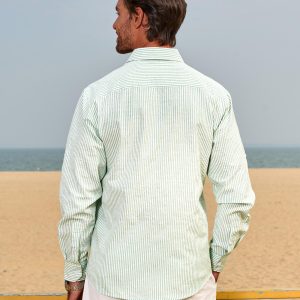 Mens Long Sleeve Button Down Shirt Striped Casual Cotton Business Summer Beach Wedding Dress Shirts