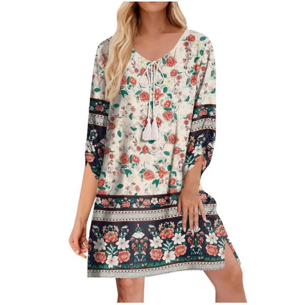 QIGUAND Vintage Boho Casual T-Shirt Dress Women Summer Drawstring V Neck 3/4 Sleeve Beach Dresses Ethnic Style Tunic Dress