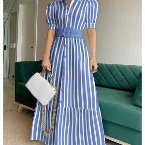 Women's Striped Button Down Shirt Dress Puff Short Sleeve Ruffle Hem Flowy Maxi Long Dress with Belt