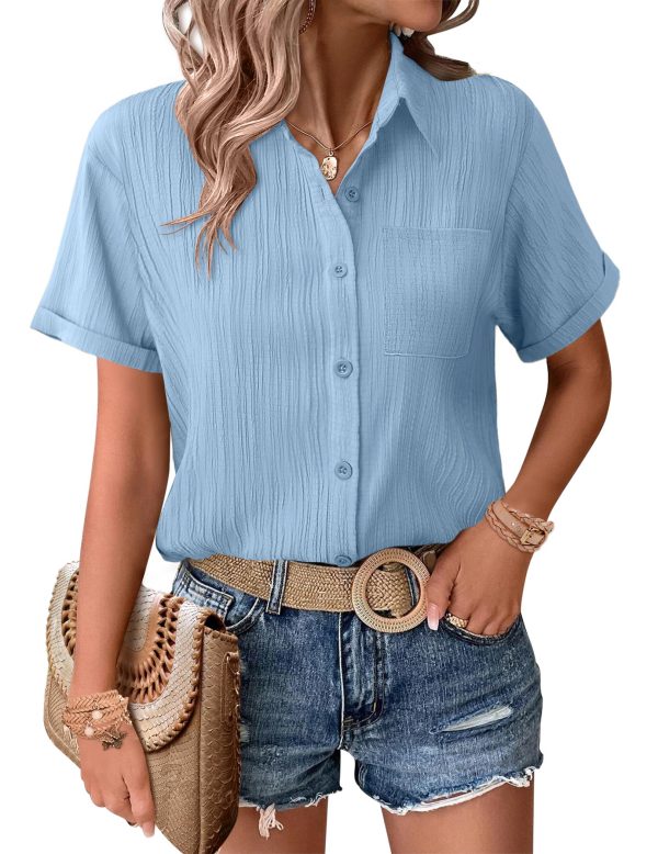 Womens Short Sleeve Button Down Shirt Casual Loose Fit Blouses Chest Pocket V Neck Collared Summer Tops