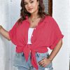 Women Plus Size Button Down Short Sleeve Shirts Collared Textured Summer Blouse Casual Tops with Pockets