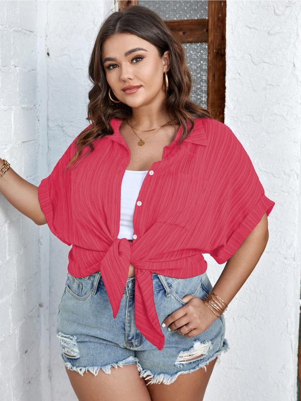 Women Plus Size Button Down Short Sleeve Shirts Collared Textured Summer Blouse Casual Tops with Pockets
