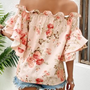 Women's Floral Print Blouse Off Shoulder Ruffle Trim Half Sleeve Summer Tops