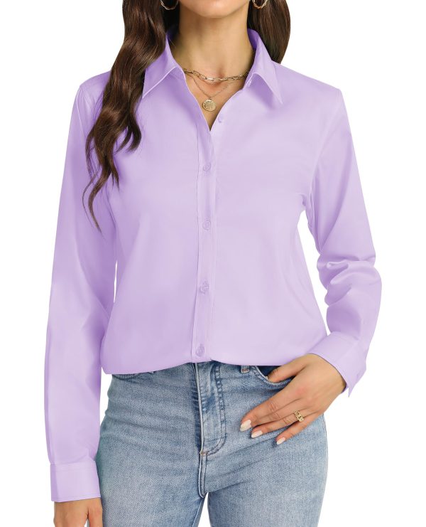 Womens Button Down Shirt Long Sleeve Dress Shirts Stretch Solid Work Blouse Collared Shirts for Business Office