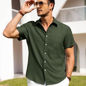 Mens Linen Shirts Short Sleeve Button Down Shirts Wrinkle Free Casual Vacation Beach Summer Tops
