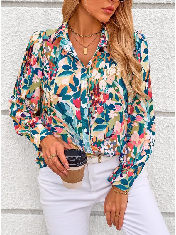 Women's Floral Blouses Dressy Casual V Neck Button Down Shirts Lantern Long Sleeve Boho Chiffon Spring Tops 2025