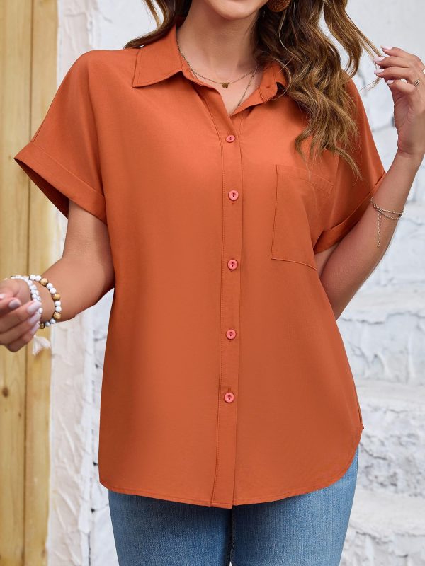 Womens Button Down Shirt Casual Short Sleeve Collared Work Blouse with Pocket