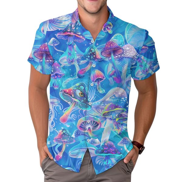 Mystical Mushroom Casual Hawaiian Shirt, Summer Mushroom Print Button Shirt, Birthday Gifts