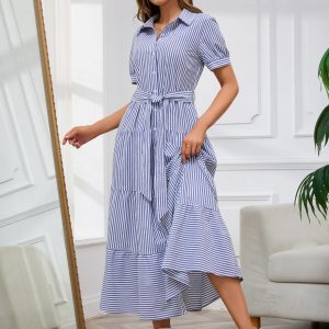 Womens Casual Short Sleeve Button Down Tie Waist Ruffled Striped Maxi Shirt Dress