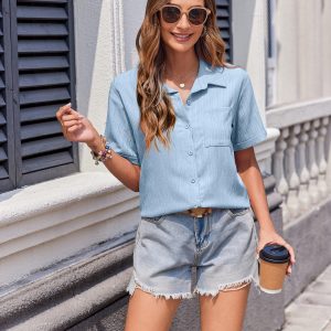 Womens Short Sleeve Button Down Shirt Casual Loose Fit Blouses Chest Pocket V Neck Collared Summer Tops